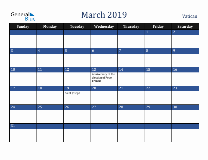 March 2019 Vatican Calendar (Sunday Start)