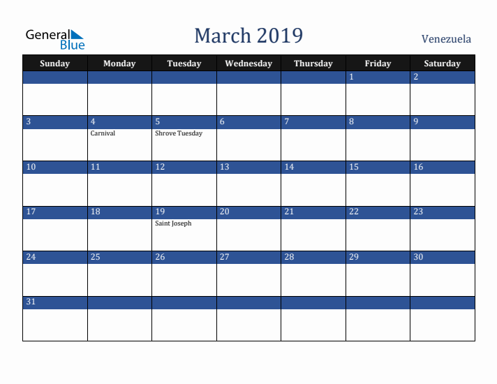 March 2019 Venezuela Calendar (Sunday Start)