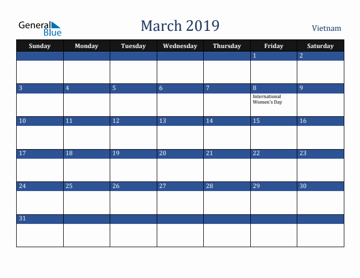 March 2019 Vietnam Calendar (Sunday Start)