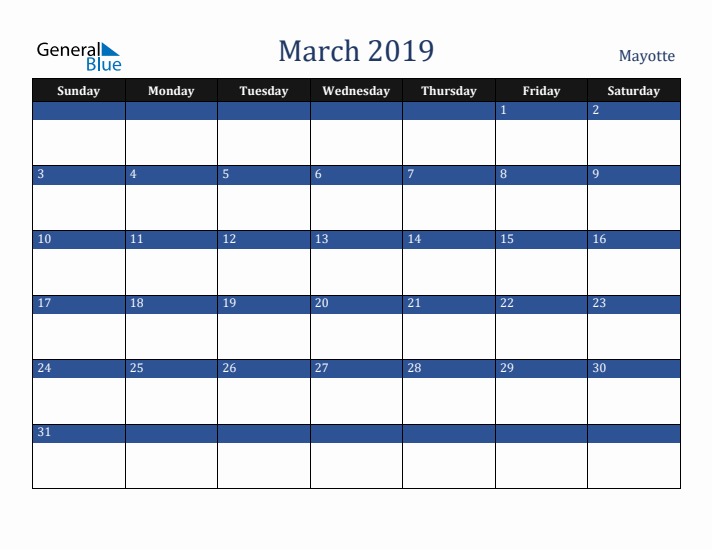 March 2019 Mayotte Calendar (Sunday Start)
