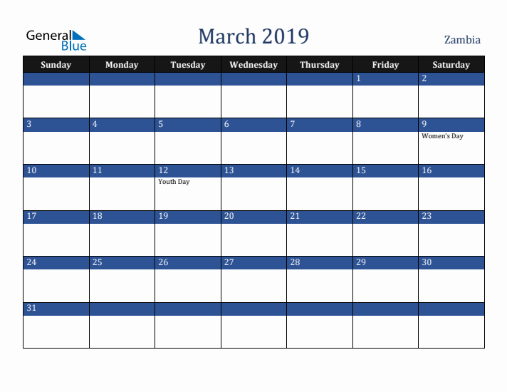 March 2019 Zambia Calendar (Sunday Start)