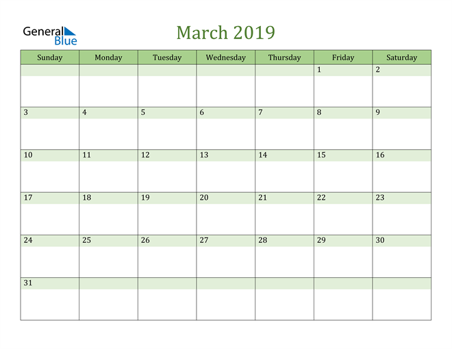  March Calendar 2019
