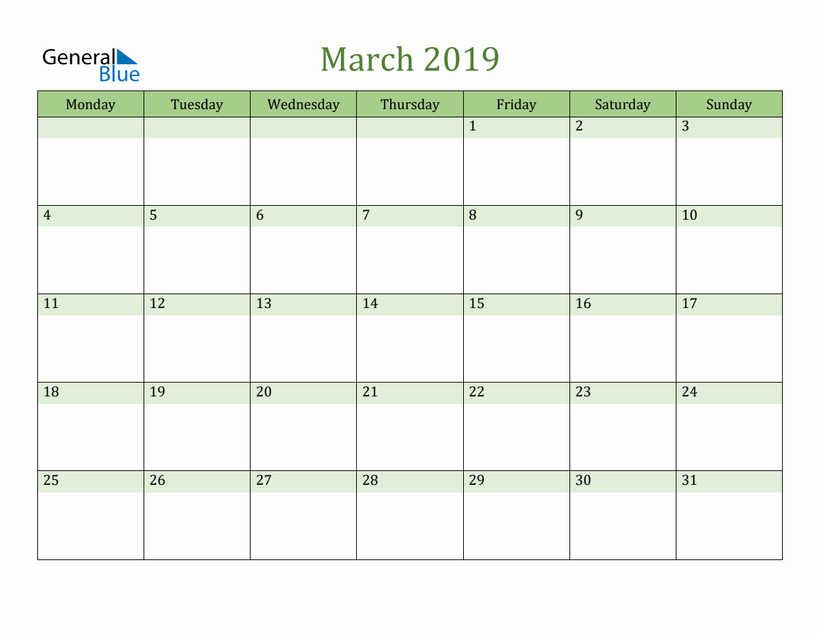 Fillable March 2019 Calendar