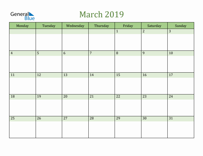 March 2019 Calendar with Monday Start