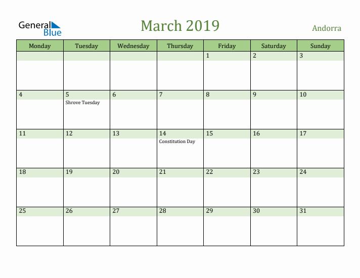 March 2019 Calendar with Andorra Holidays