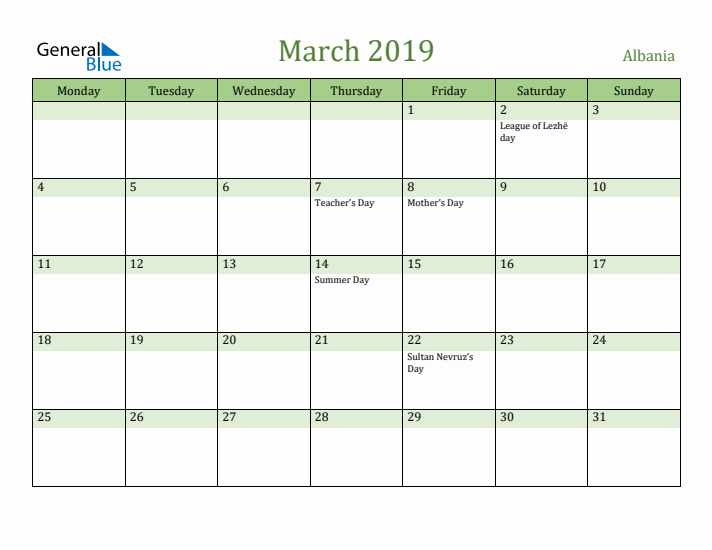 March 2019 Calendar with Albania Holidays