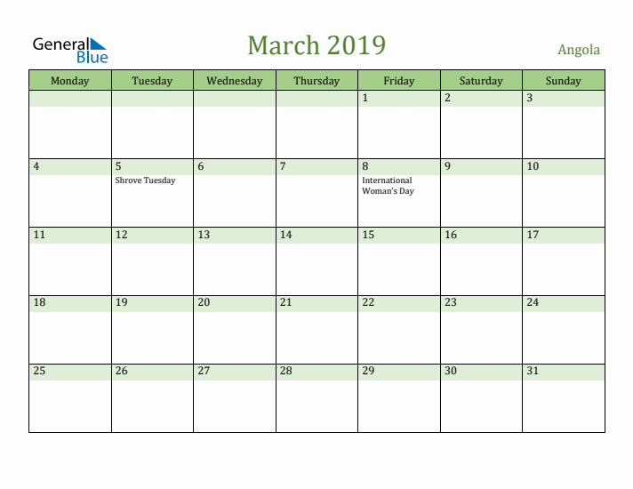 March 2019 Calendar with Angola Holidays