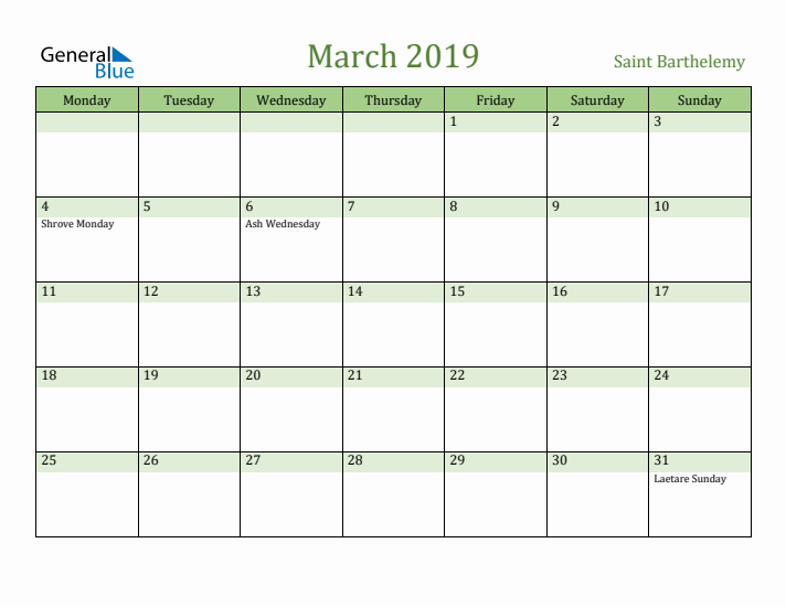 March 2019 Calendar with Saint Barthelemy Holidays