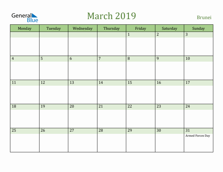 March 2019 Calendar with Brunei Holidays