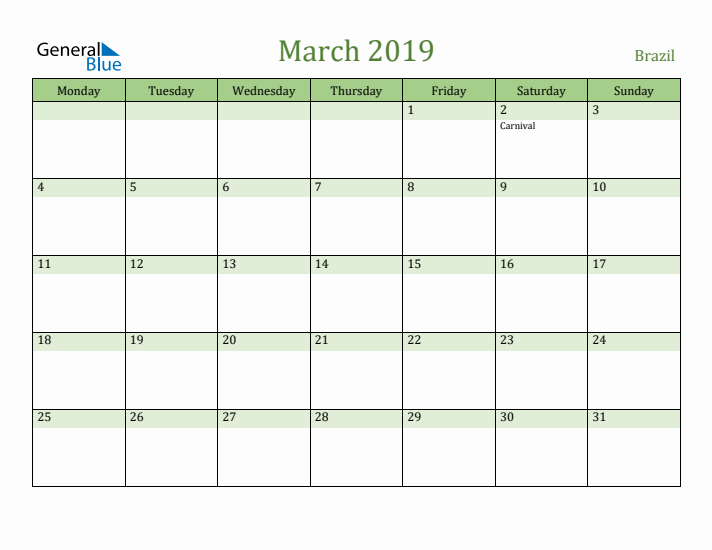March 2019 Calendar with Brazil Holidays