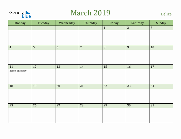 March 2019 Calendar with Belize Holidays