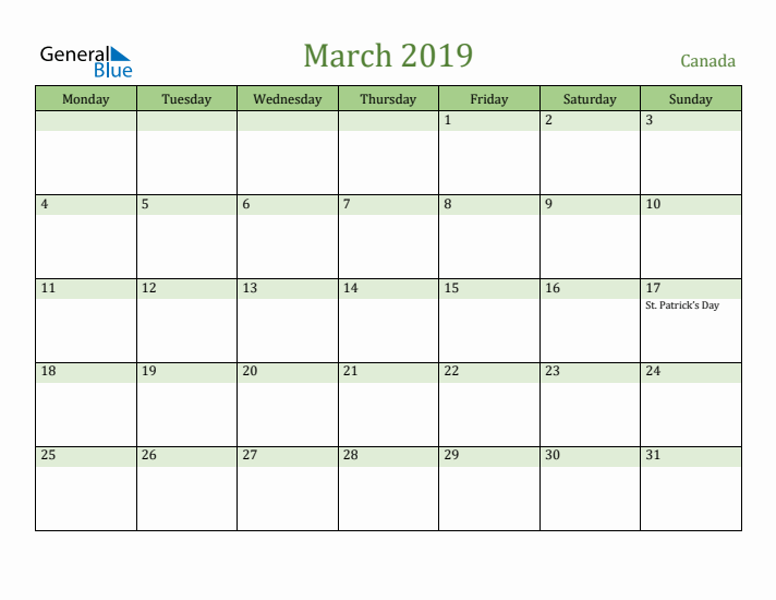 March 2019 Calendar with Canada Holidays
