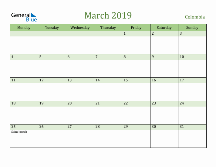 March 2019 Calendar with Colombia Holidays