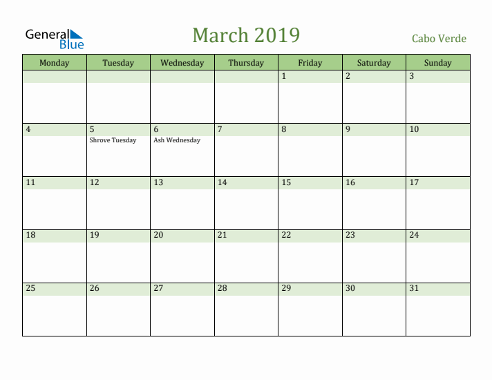 March 2019 Calendar with Cabo Verde Holidays