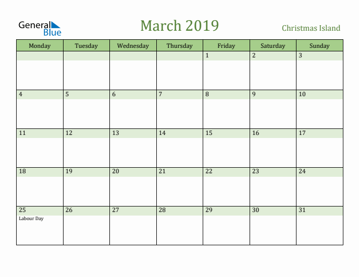 March 2019 Calendar with Christmas Island Holidays