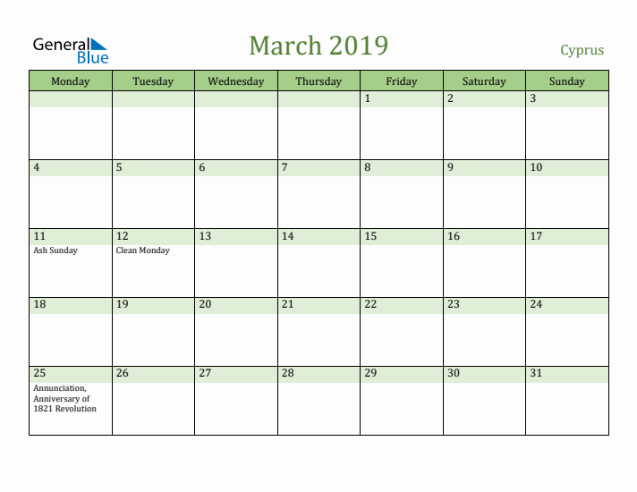 March 2019 Calendar with Cyprus Holidays