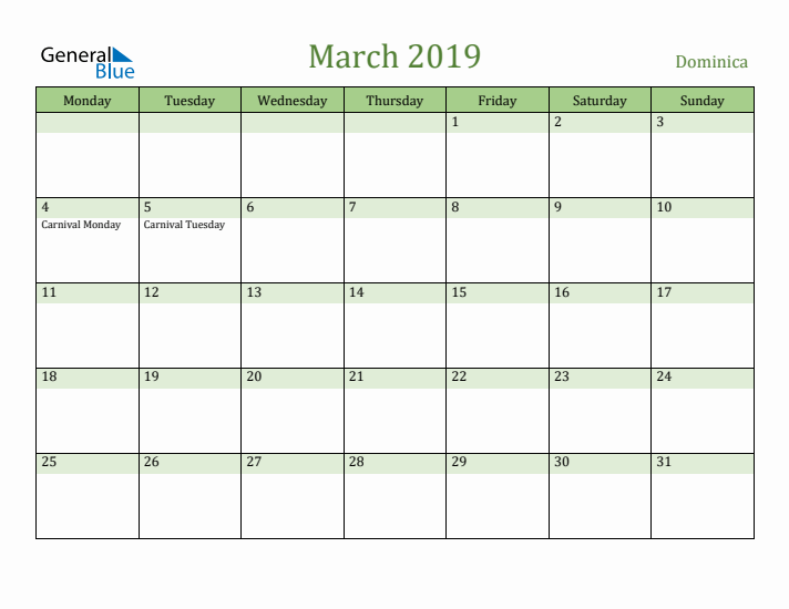 March 2019 Calendar with Dominica Holidays