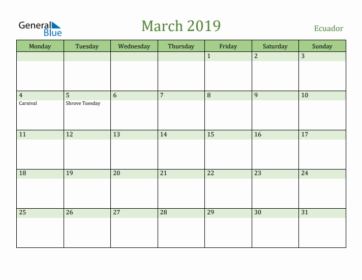 March 2019 Calendar with Ecuador Holidays
