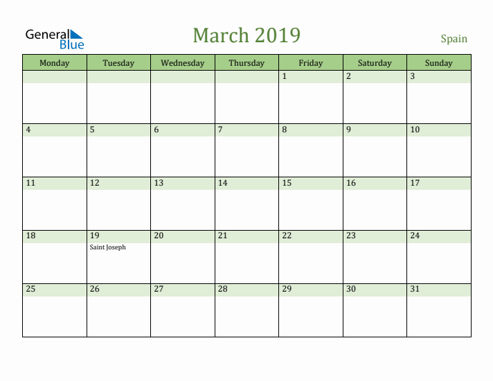 March 2019 Calendar with Spain Holidays