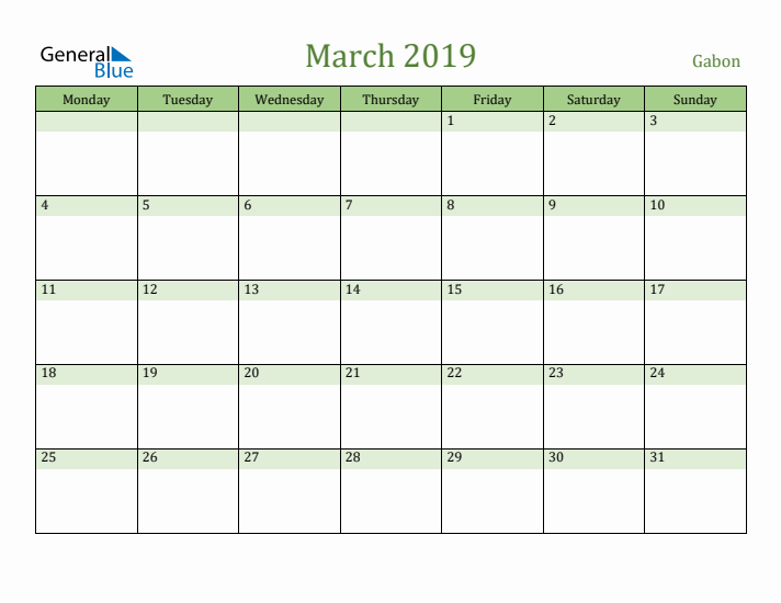 March 2019 Calendar with Gabon Holidays