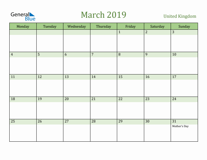 March 2019 Calendar with United Kingdom Holidays