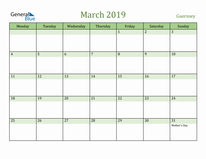 March 2019 Calendar with Guernsey Holidays
