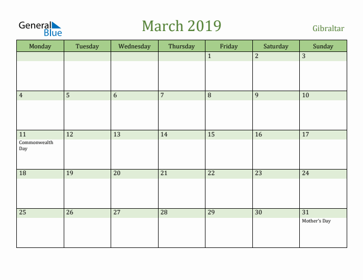 March 2019 Calendar with Gibraltar Holidays