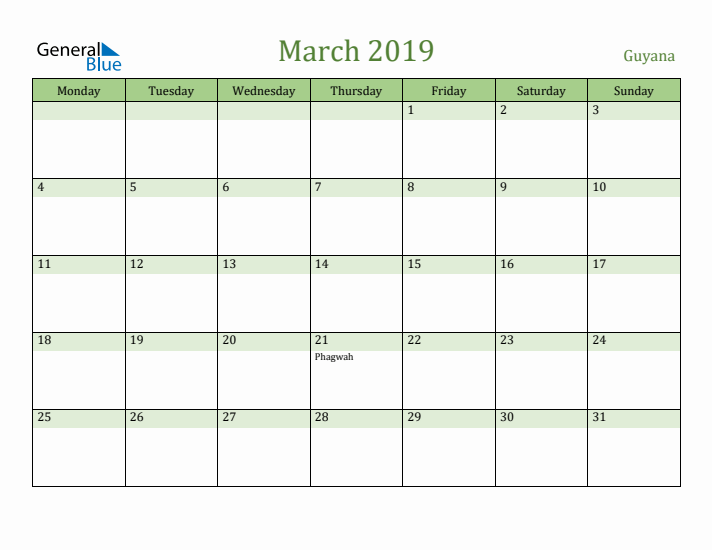 March 2019 Calendar with Guyana Holidays