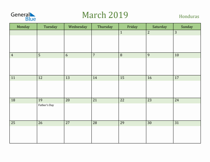 March 2019 Calendar with Honduras Holidays
