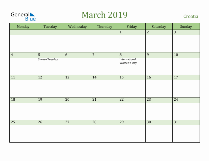 March 2019 Calendar with Croatia Holidays