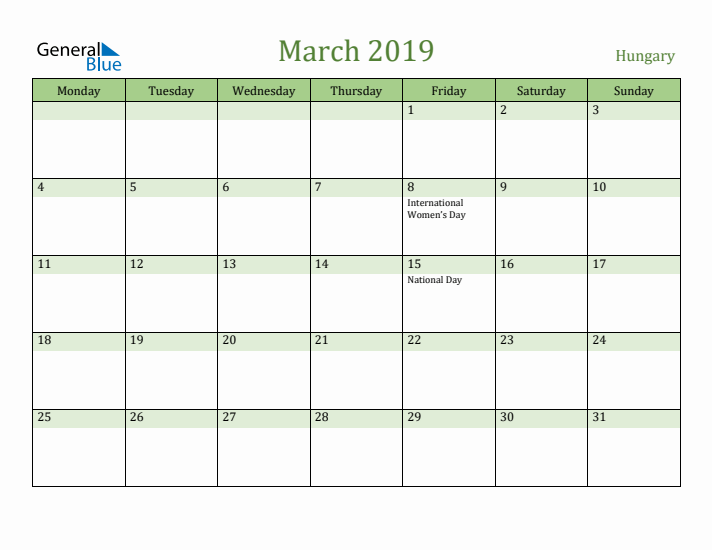 March 2019 Calendar with Hungary Holidays