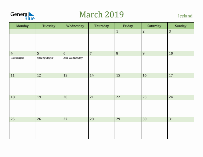 March 2019 Calendar with Iceland Holidays