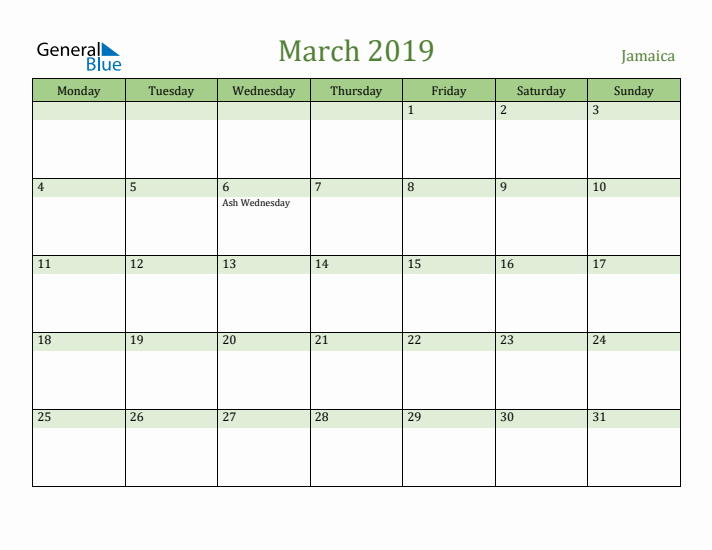 March 2019 Calendar with Jamaica Holidays