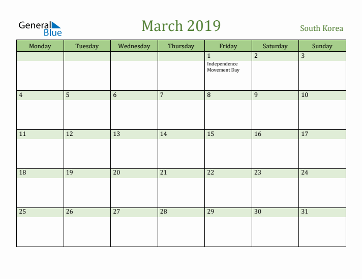 March 2019 Calendar with South Korea Holidays