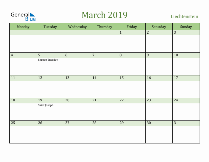 March 2019 Calendar with Liechtenstein Holidays