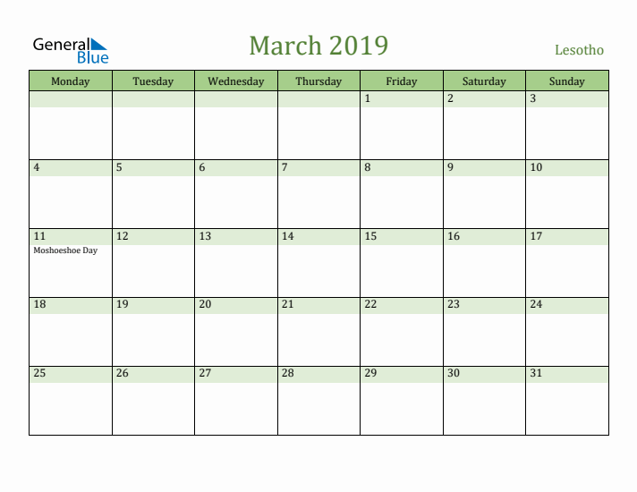 March 2019 Calendar with Lesotho Holidays