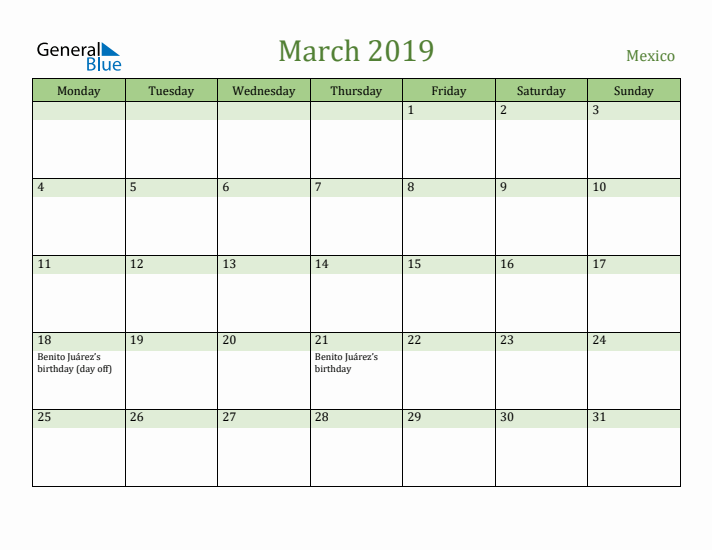 March 2019 Calendar with Mexico Holidays