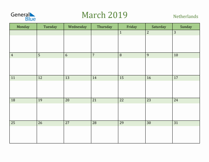 March 2019 Calendar with The Netherlands Holidays