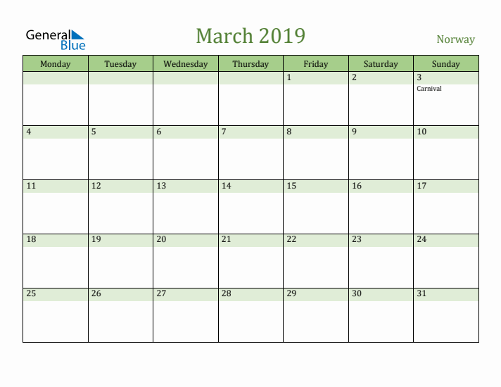 March 2019 Calendar with Norway Holidays