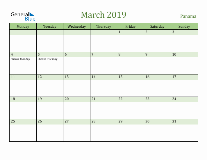 March 2019 Calendar with Panama Holidays