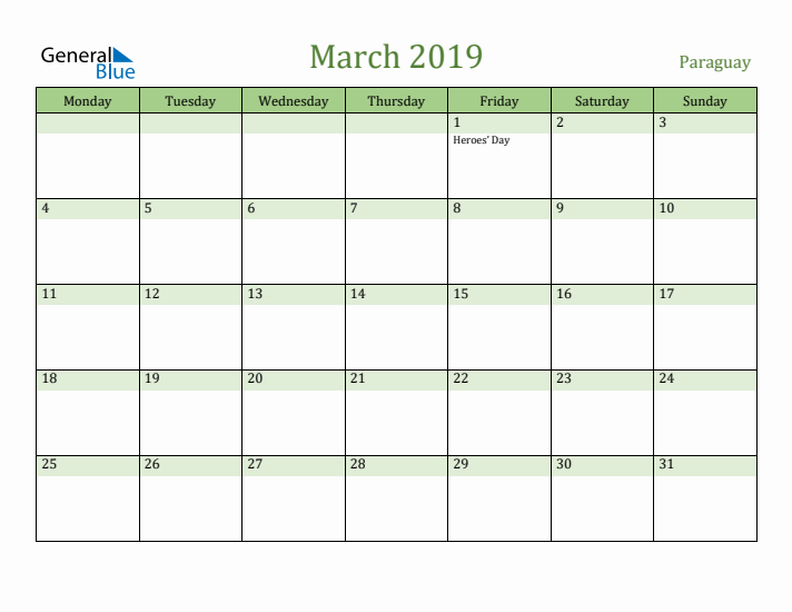 March 2019 Calendar with Paraguay Holidays