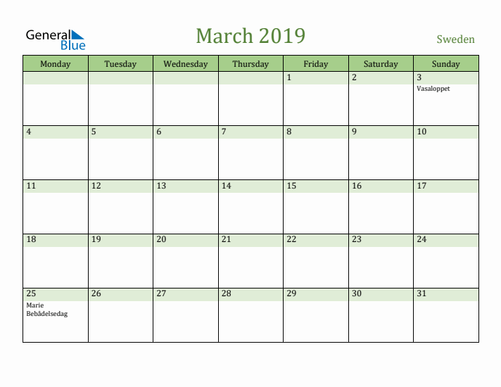 March 2019 Calendar with Sweden Holidays