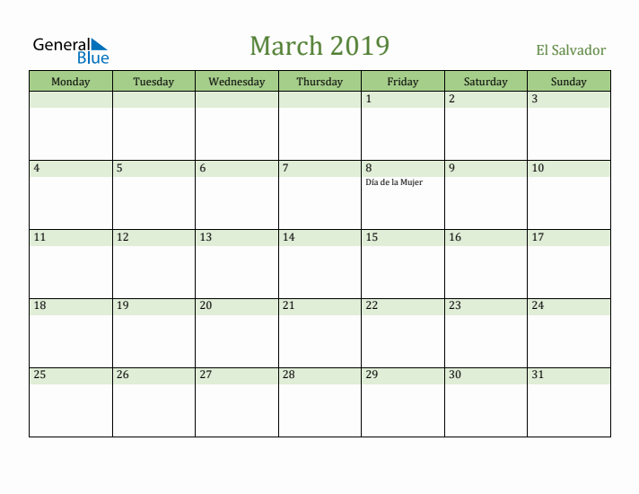 March 2019 Calendar with El Salvador Holidays