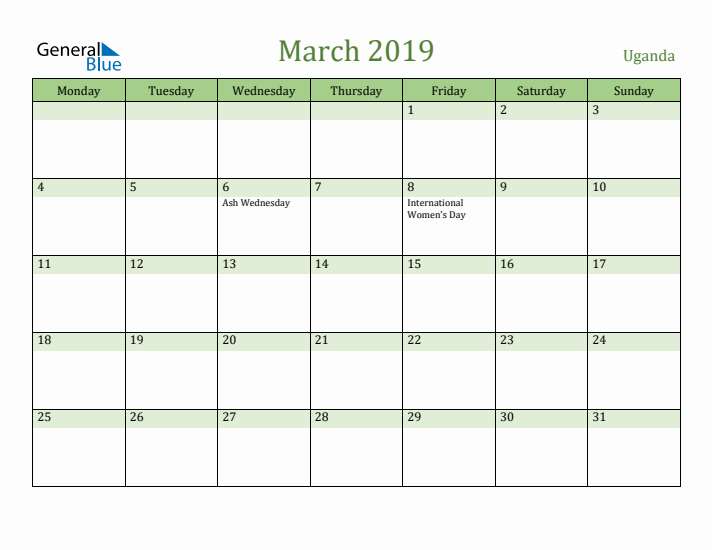 March 2019 Calendar with Uganda Holidays