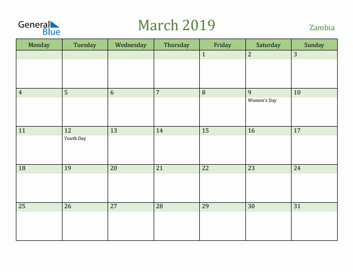March 2019 Calendar with Zambia Holidays