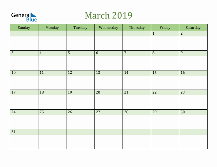 March 2019 Calendar with Sunday Start