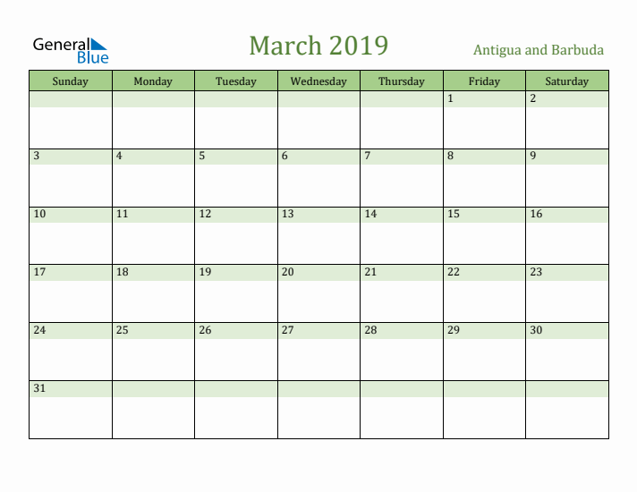 March 2019 Calendar with Antigua and Barbuda Holidays