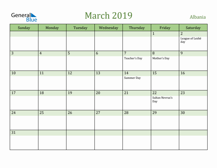 March 2019 Calendar with Albania Holidays
