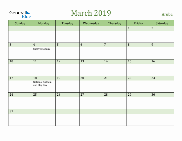 March 2019 Calendar with Aruba Holidays