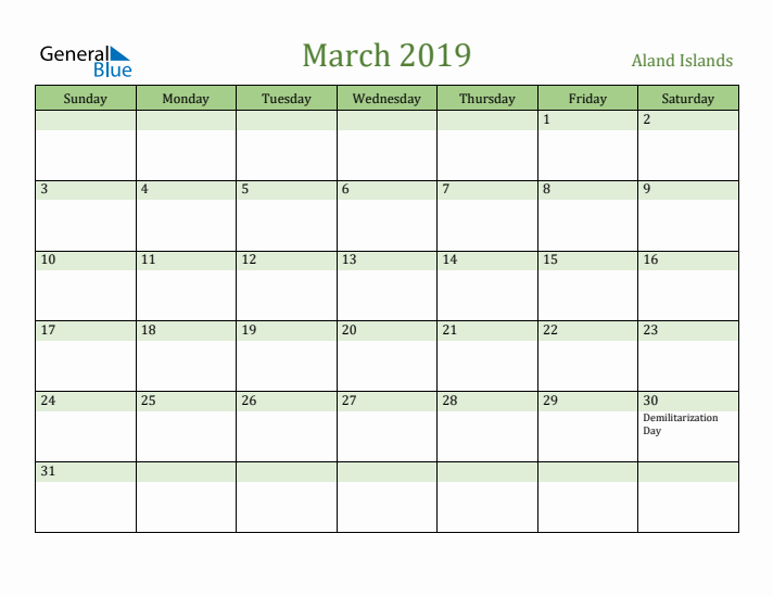 March 2019 Calendar with Aland Islands Holidays